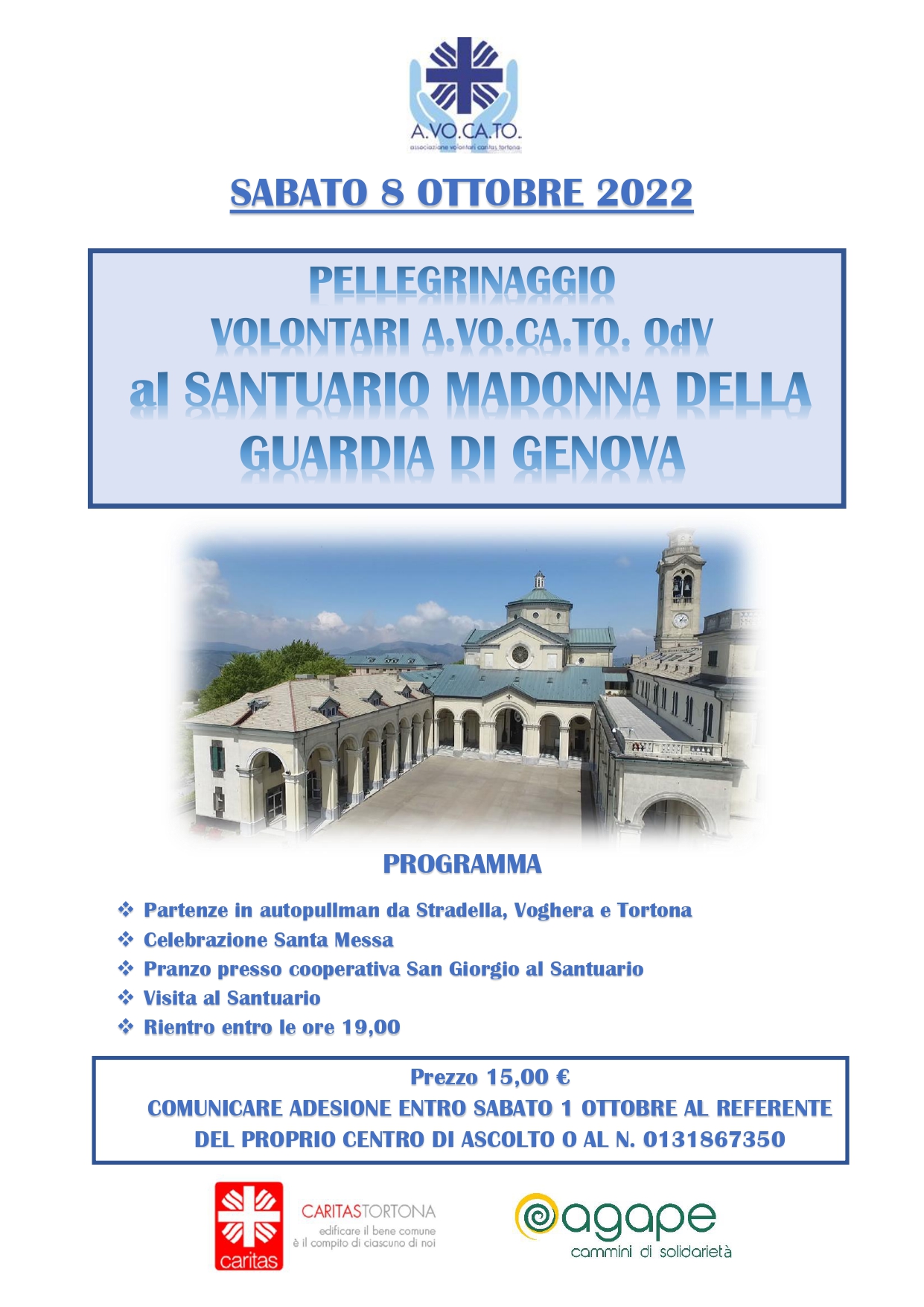 Pellegrinaggio volontari A.VO.CA.TO Odv presso il Santuario della Madonna della Guardia di Genova